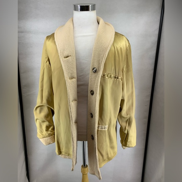 LAKELAND Cardigan Jacket Men's Size 42 Creme knit Button front Satin lining VTG - Picture 3 of 5